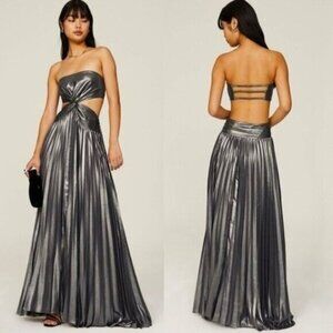 RAMY BROOK Gunmetal Metallic Chiffon Strapless Cutout Pleated Sleeveless Gown 8